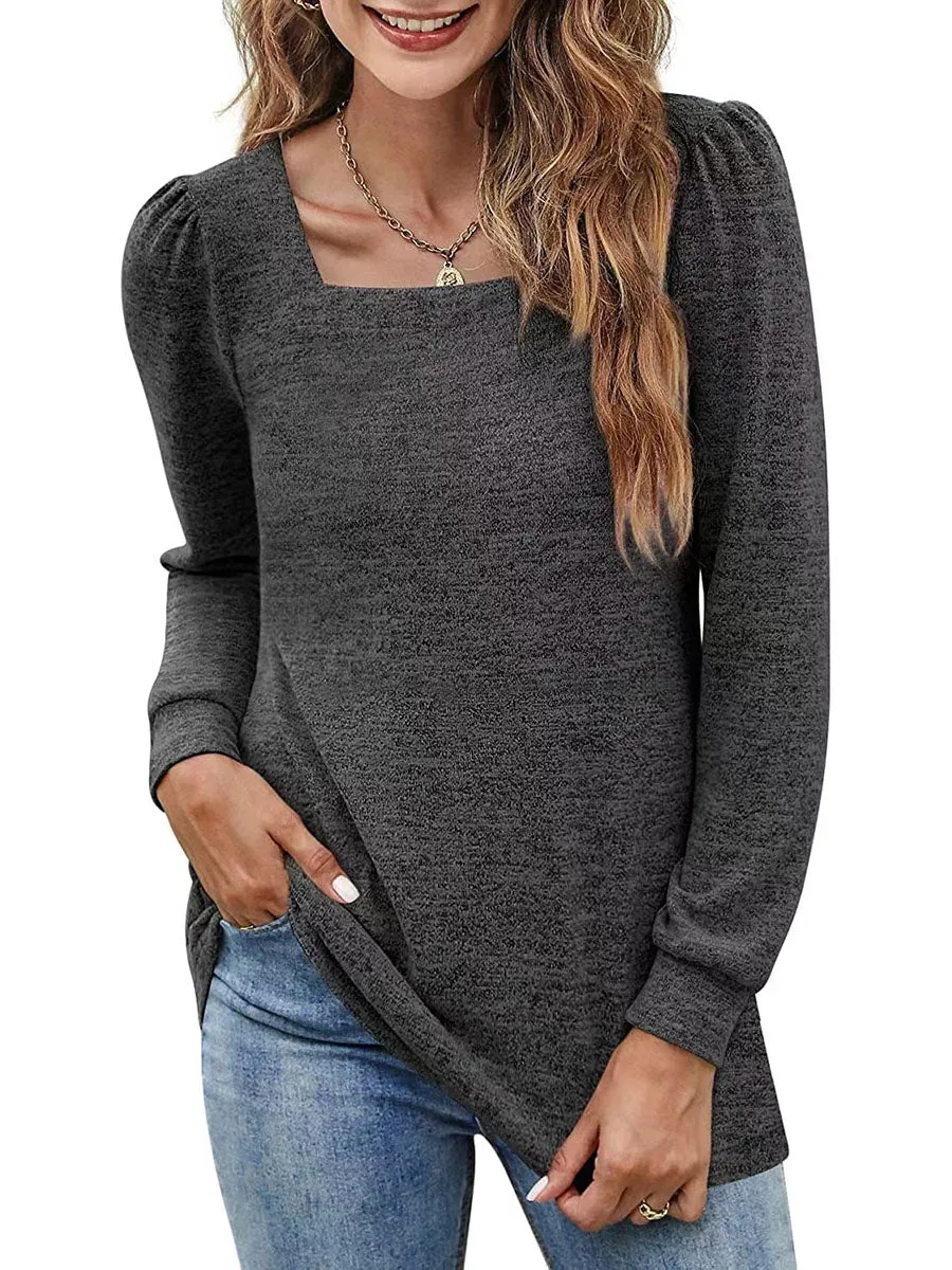 Stunncal Solid Color U-Neck Ruffled Long Sleeve Casual Shirt