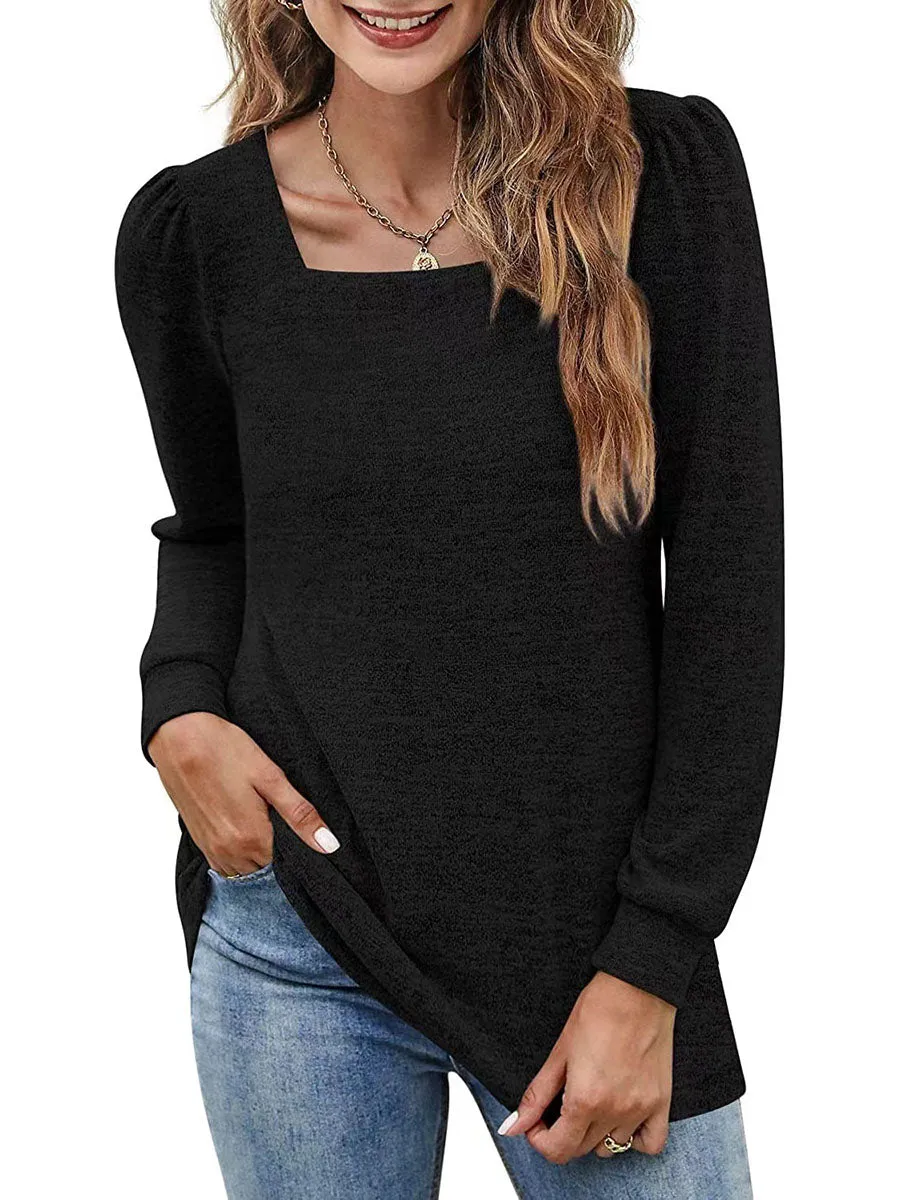 Stunncal Solid Color U-Neck Ruffled Long Sleeve Casual Shirt