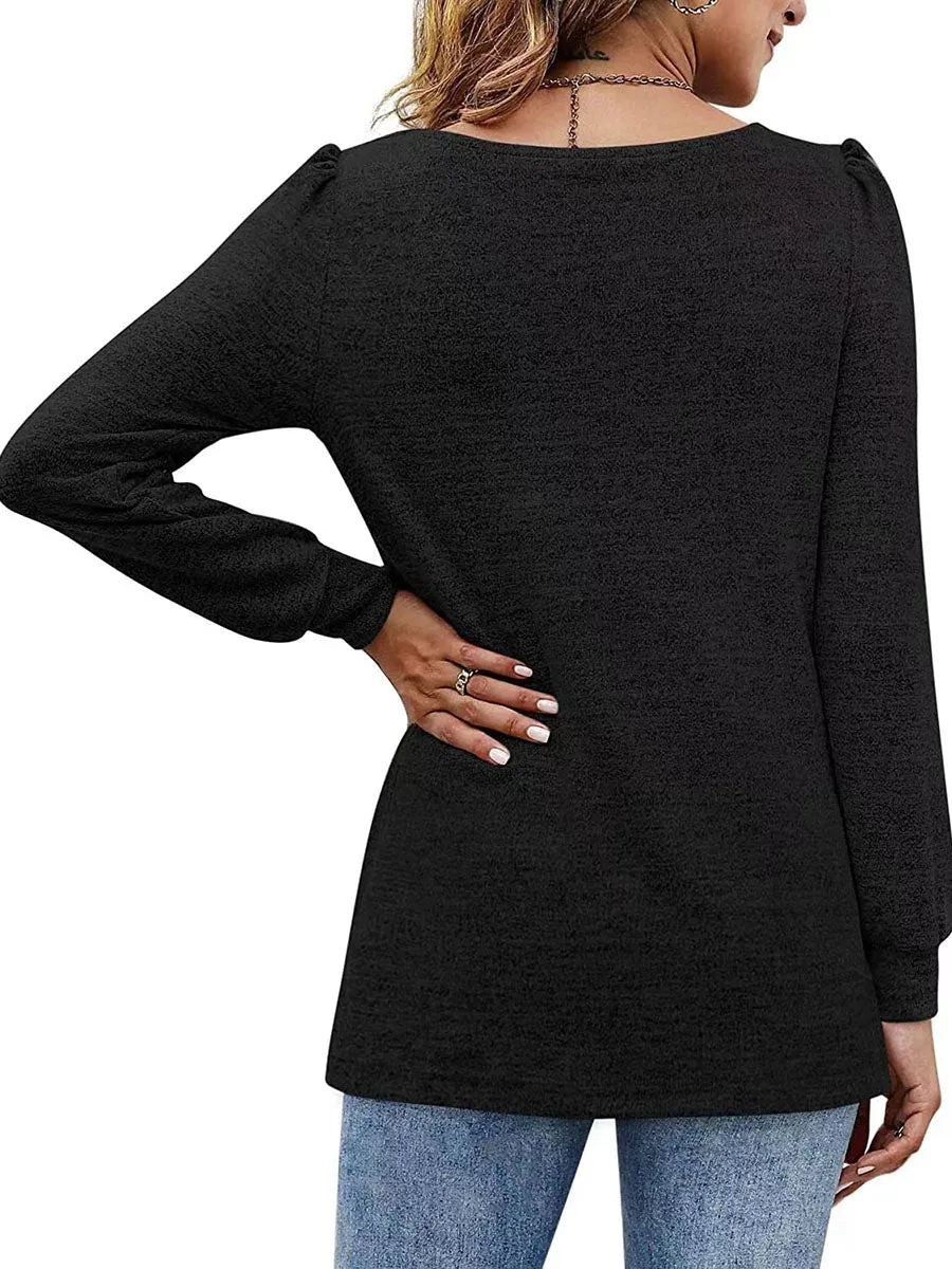 Stunncal Solid Color U-Neck Ruffled Long Sleeve Casual Shirt
