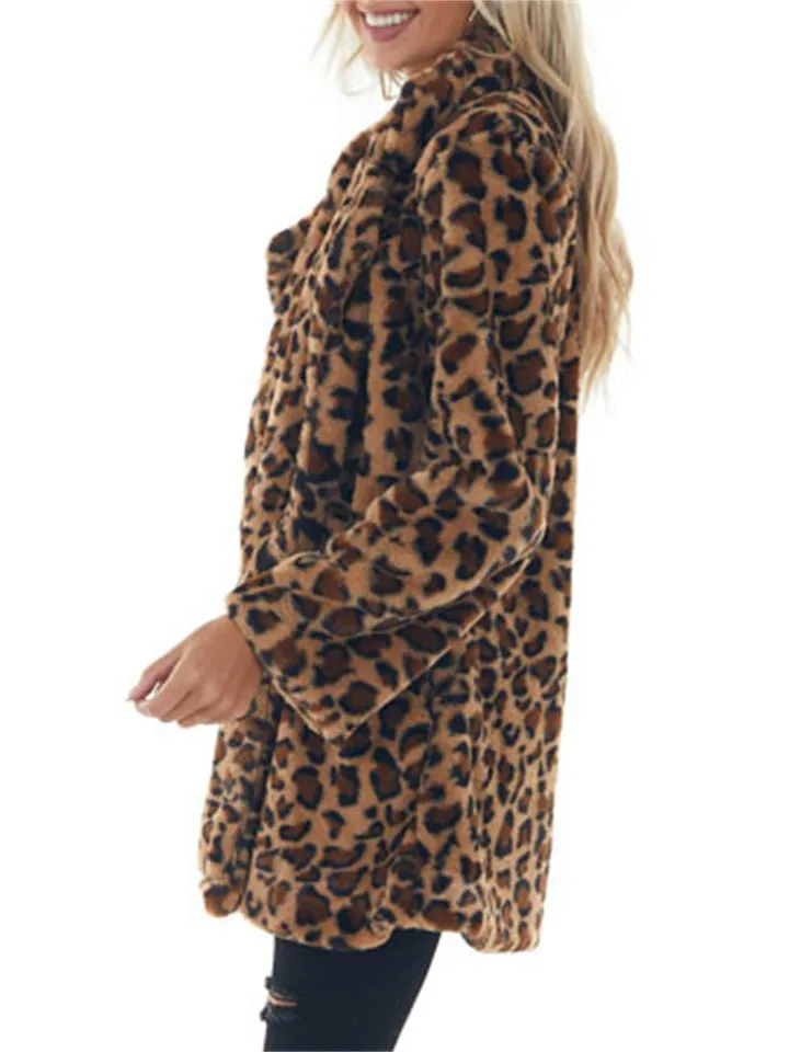 Stylish Classy Loose Pockets Faux Fur Leopard Ladies Coats