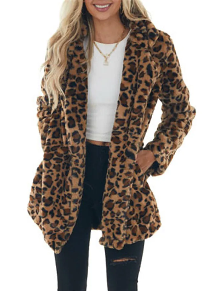 Stylish Classy Loose Pockets Faux Fur Leopard Ladies Coats