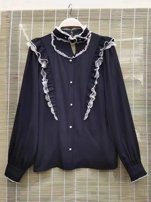 Sweet Lolita Blouses Lolita Top Lace Ruffles Long Sleeves Blouse Black Lolita Shirt