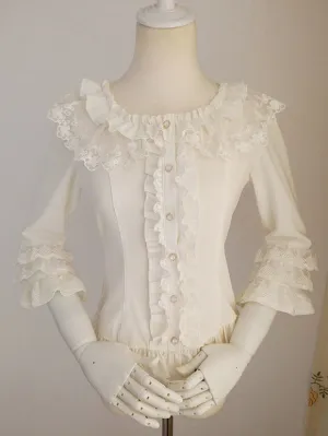 Sweet Lolita Blouses Ruffles Half Sleeves Blouse Lolita Top Ecru White Lolita Shirt