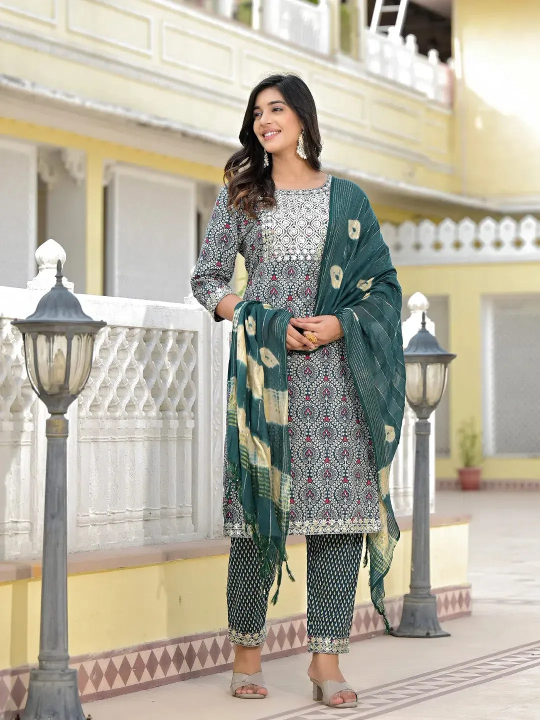 Teal Ethnic Motif Printed Cotton Kurta, Pant And Dupatta Set With Zari Work & Sequins-J4802OT11TEAL