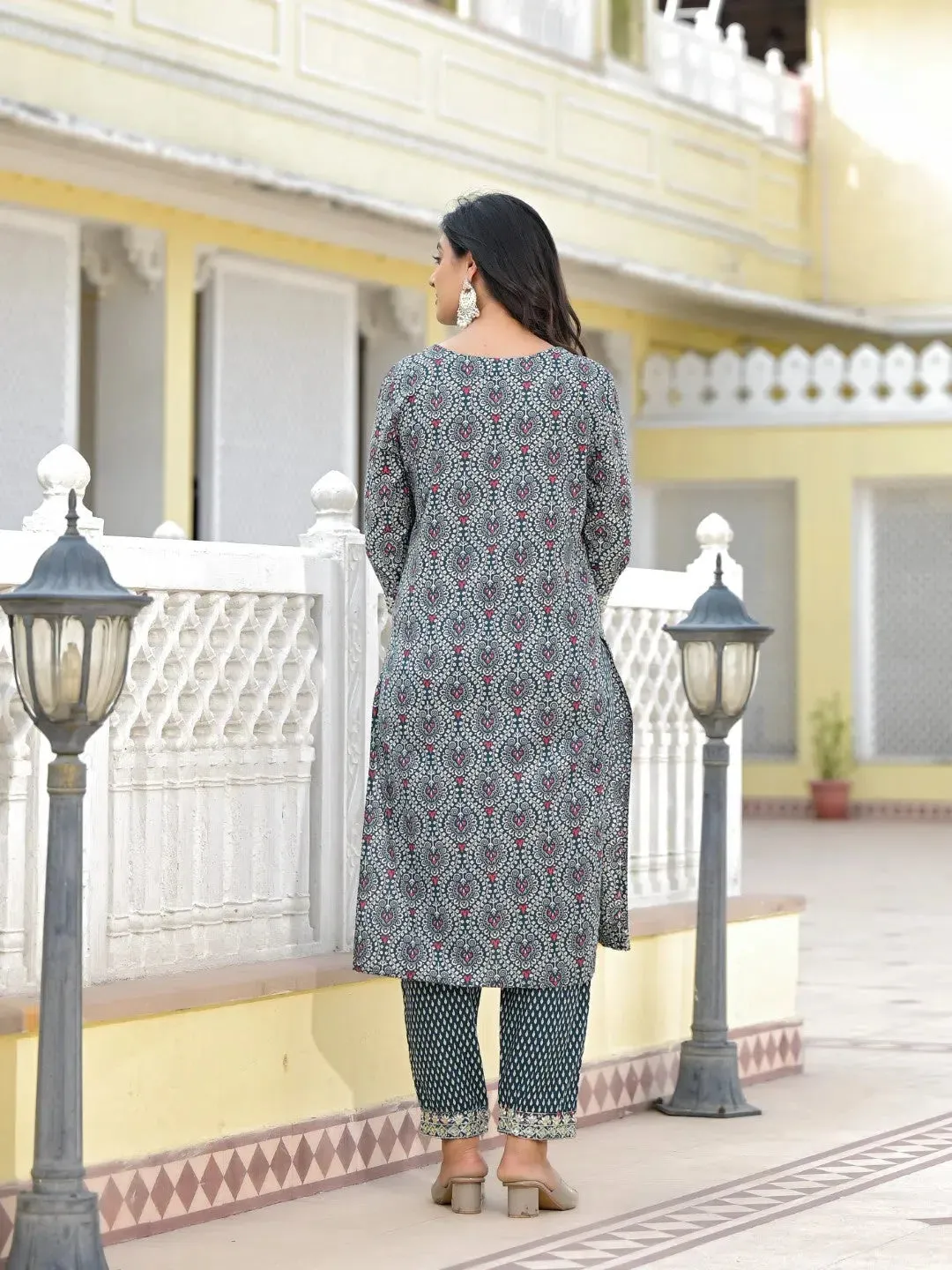 Teal Ethnic Motif Printed Cotton Kurta, Pant And Dupatta Set With Zari Work & Sequins-J4802OT11TEAL