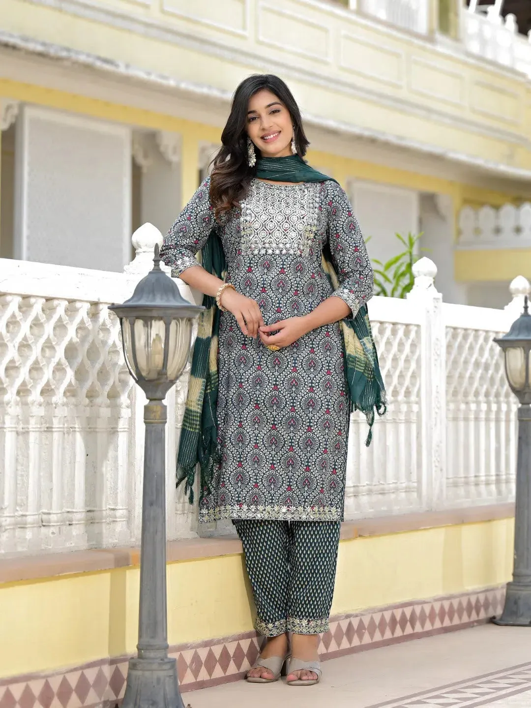 Teal Ethnic Motif Printed Cotton Kurta, Pant And Dupatta Set With Zari Work & Sequins-J4802OT11TEAL