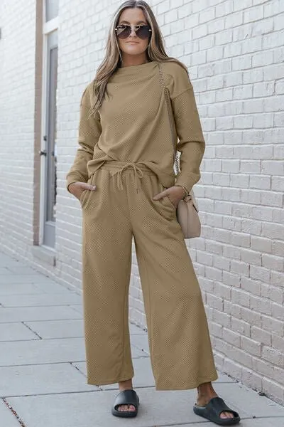 Textured Long Sleeve Top and Pants Set
