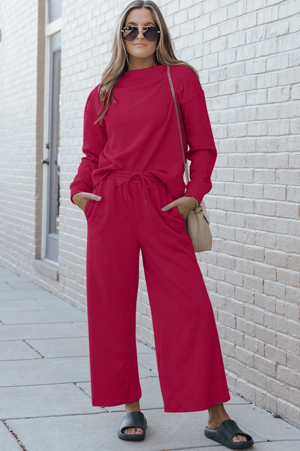 Textured Long Sleeve Top and Pants Set