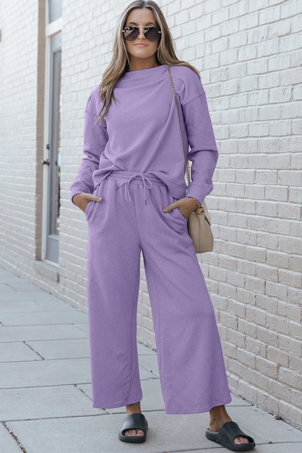 Textured Long Sleeve Top and Pants Set