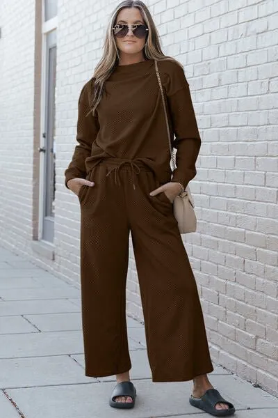Textured Long Sleeve Top and Pants Set