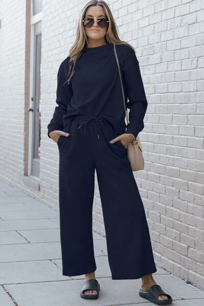Textured Long Sleeve Top and Pants Set