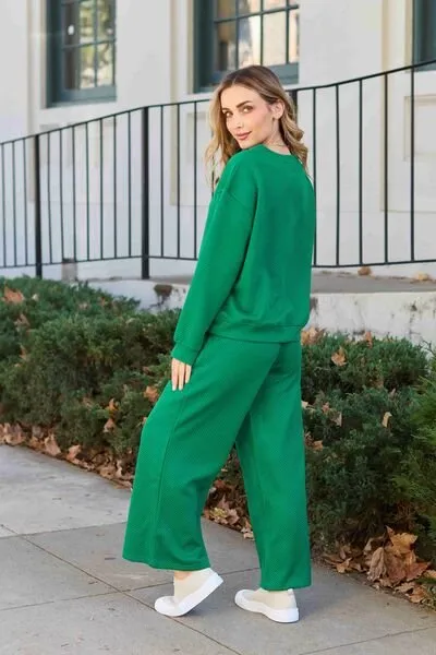 Textured Long Sleeve Top and Pants Set