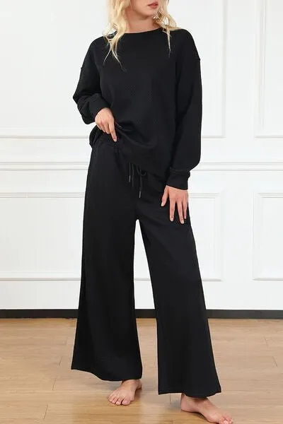 Textured Long Sleeve Top and Pants Set