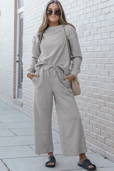 Textured Long Sleeve Top and Pants Set
