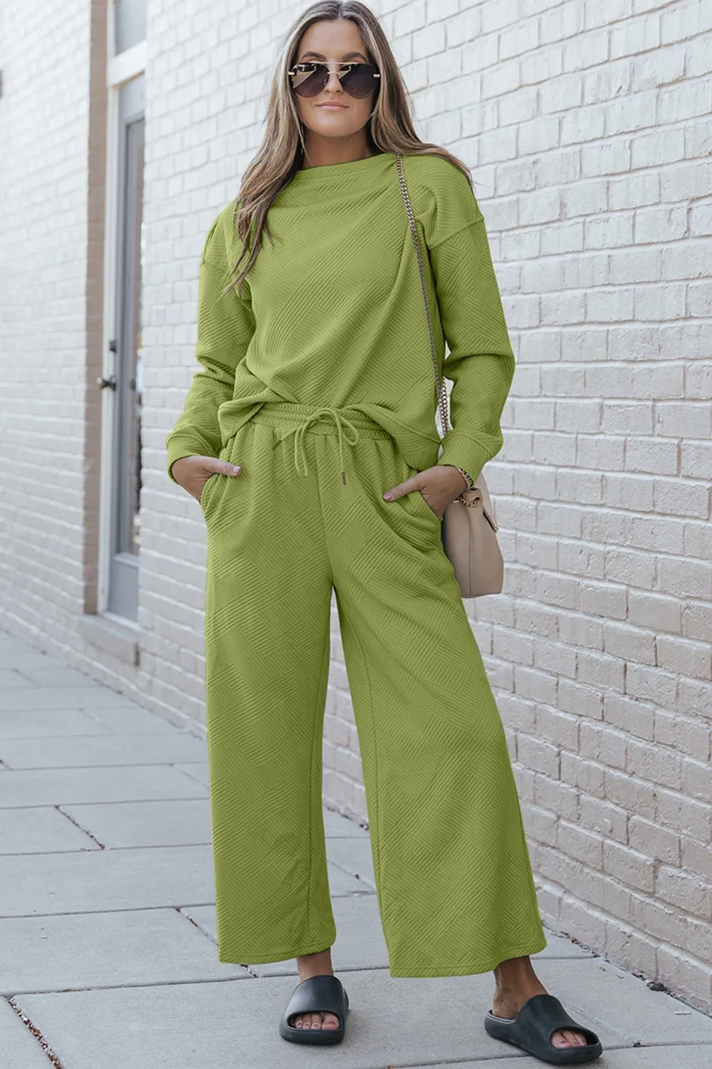 Textured Long Sleeve Top and Pants Set