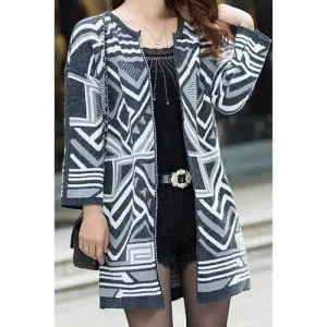 Trendy Style Scoop Neck Geometric Pattern Long Sleeve Women's Cardigan - Deep Gray One Size(fit Size Xs To M)