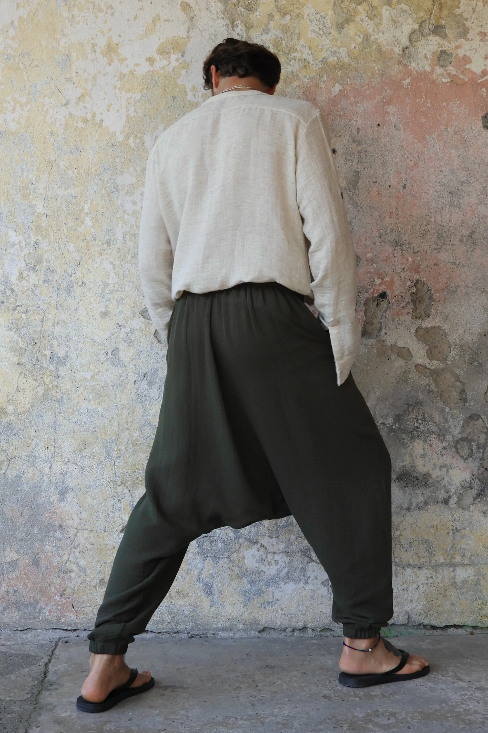 TRIBAL Men's Organic Gauze Cotton Harem Pants (Army Green, Sage Green)