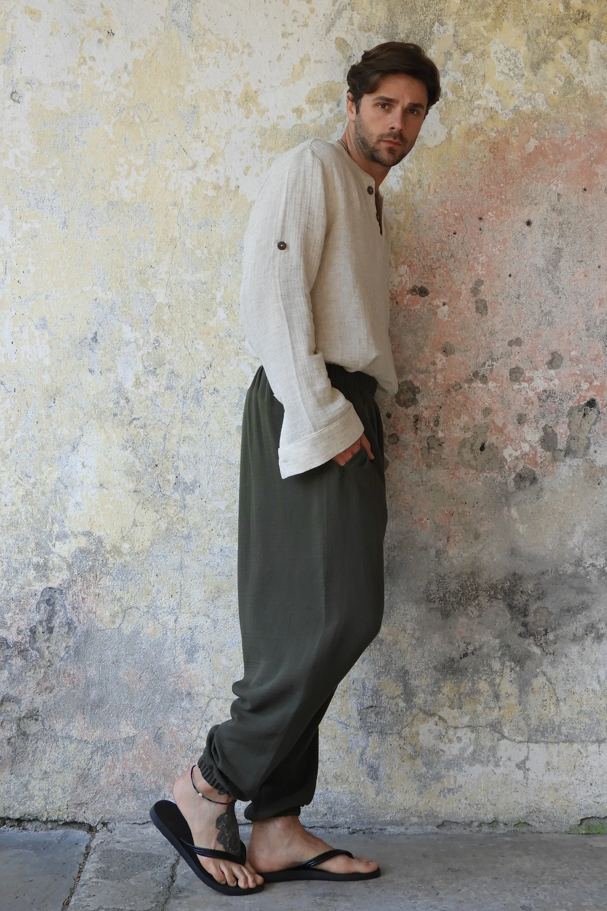 TRIBAL Men's Organic Gauze Cotton Harem Pants (Army Green, Sage Green)