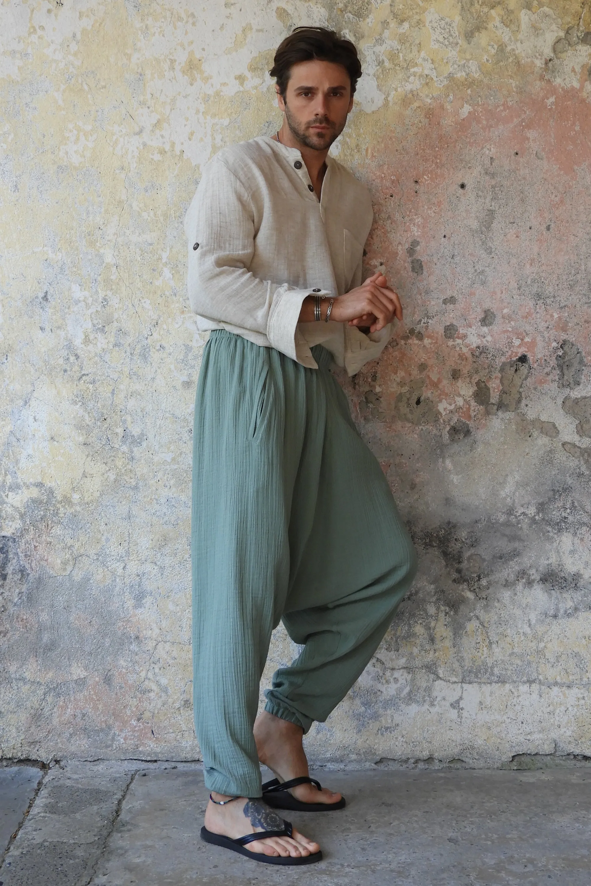 TRIBAL Men's Organic Gauze Cotton Harem Pants (Army Green, Sage Green)