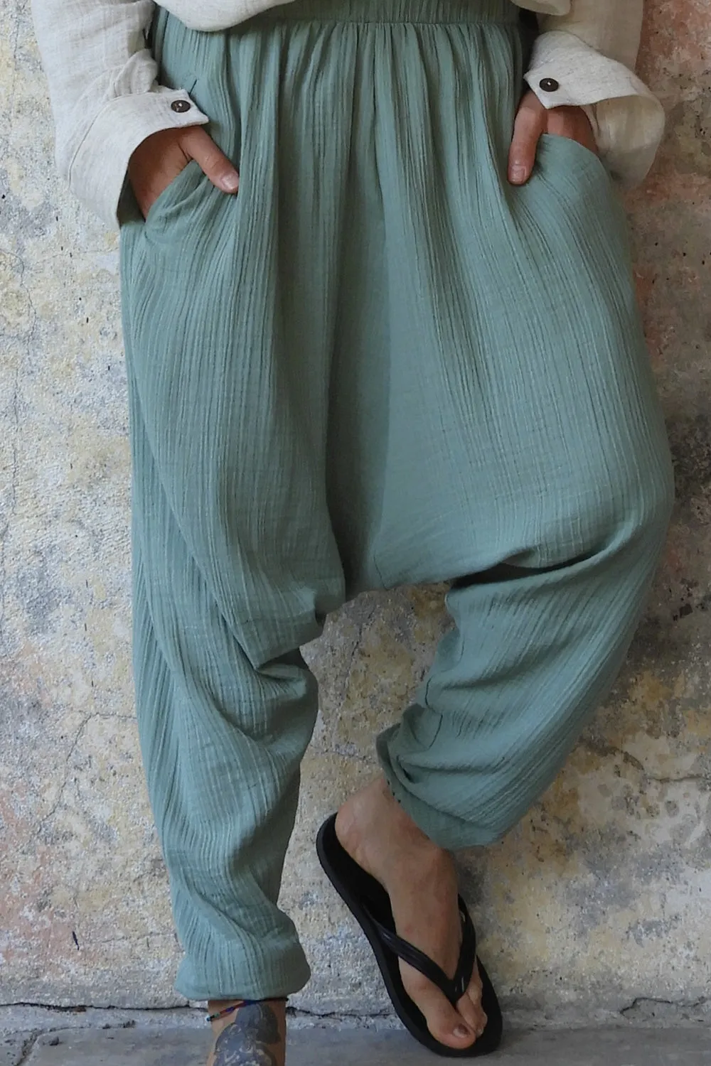 TRIBAL Men's Organic Gauze Cotton Harem Pants (Army Green, Sage Green)