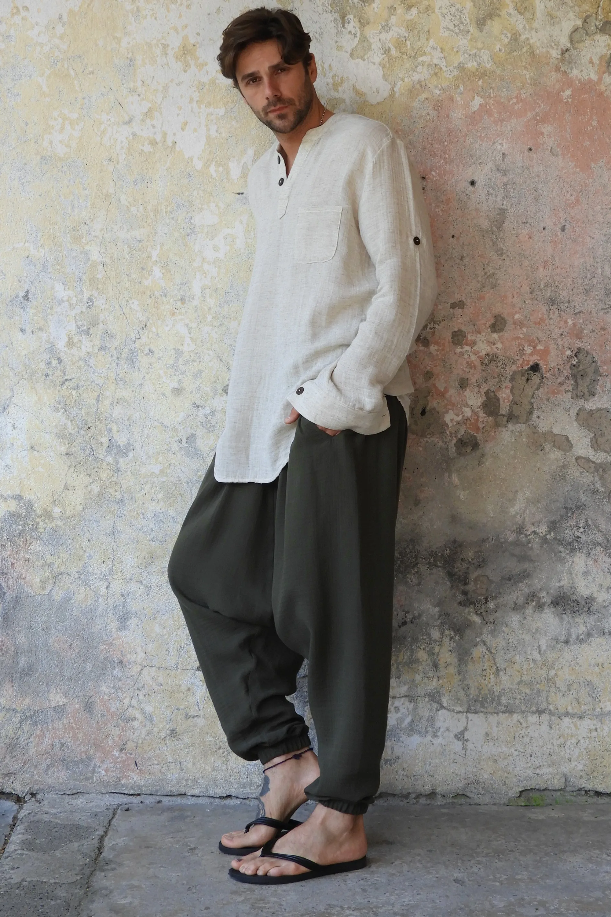 TRIBAL Men's Organic Gauze Cotton Harem Pants (Army Green, Sage Green)