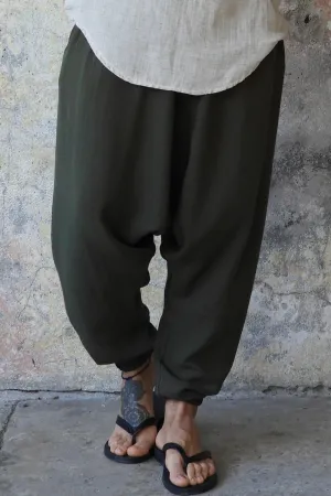 TRIBAL Men's Organic Gauze Cotton Harem Pants (Army Green, Sage Green)