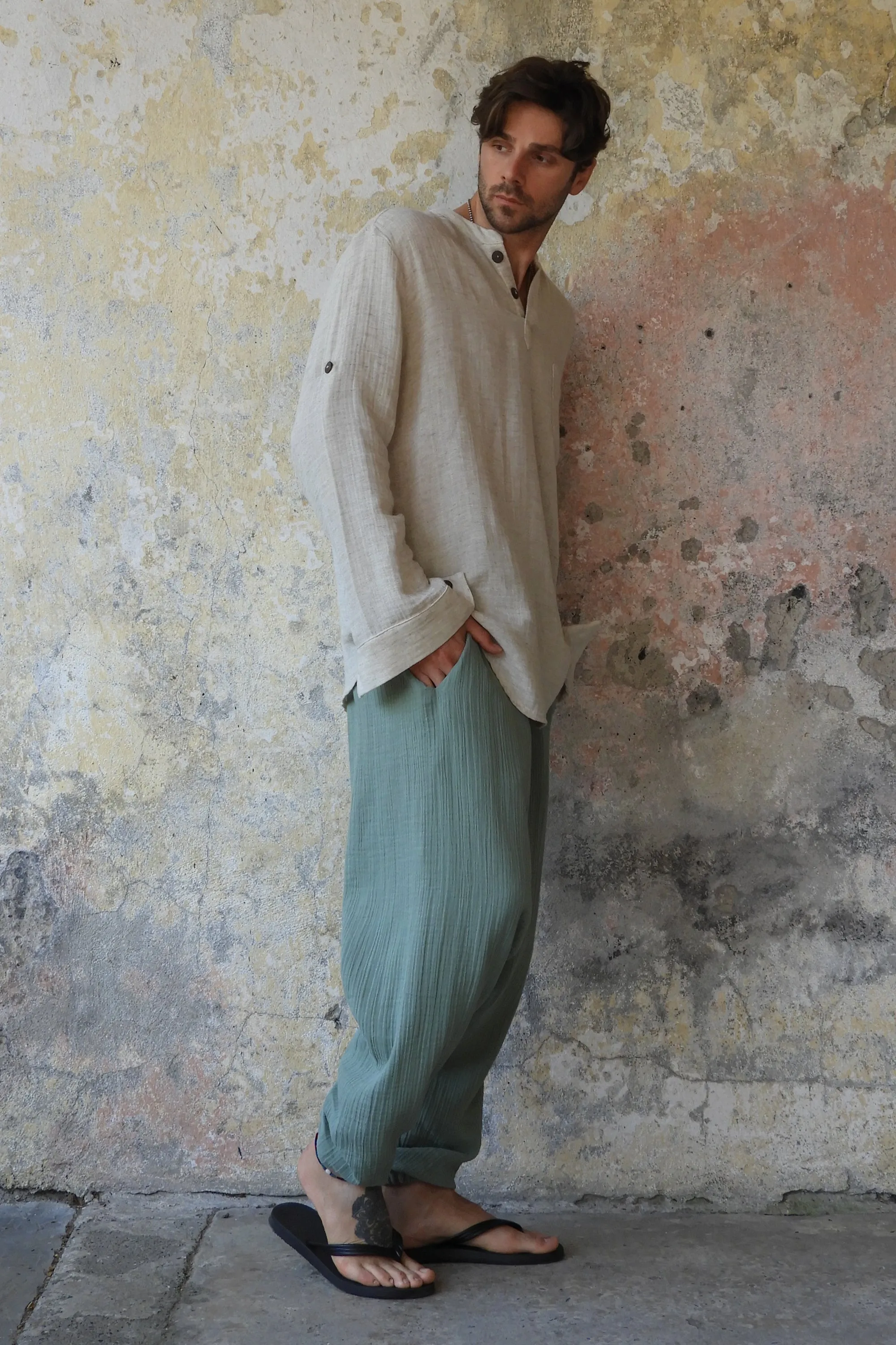 TRIBAL Men's Organic Gauze Cotton Harem Pants (Army Green, Sage Green)