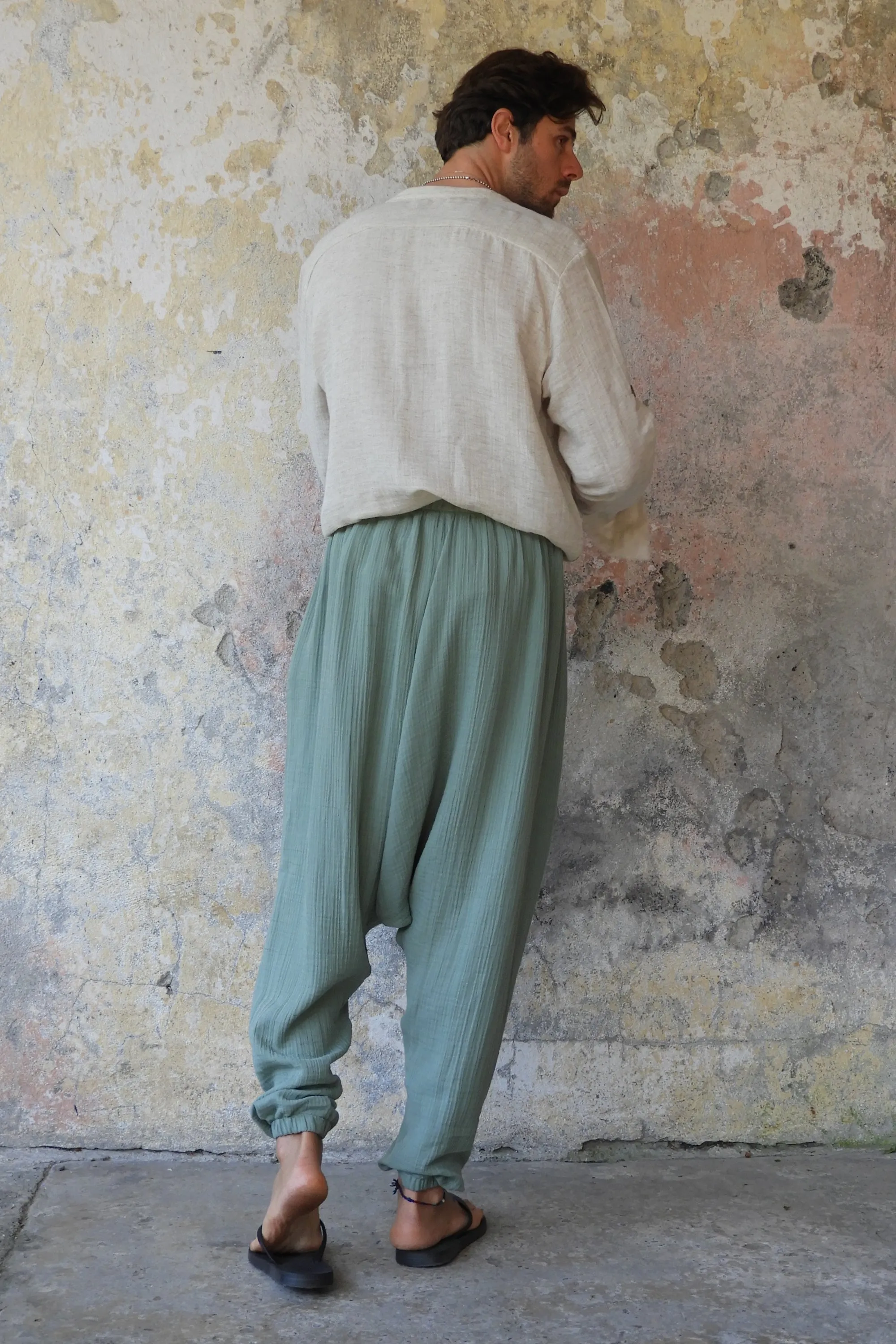 TRIBAL Men's Organic Gauze Cotton Harem Pants (Army Green, Sage Green)