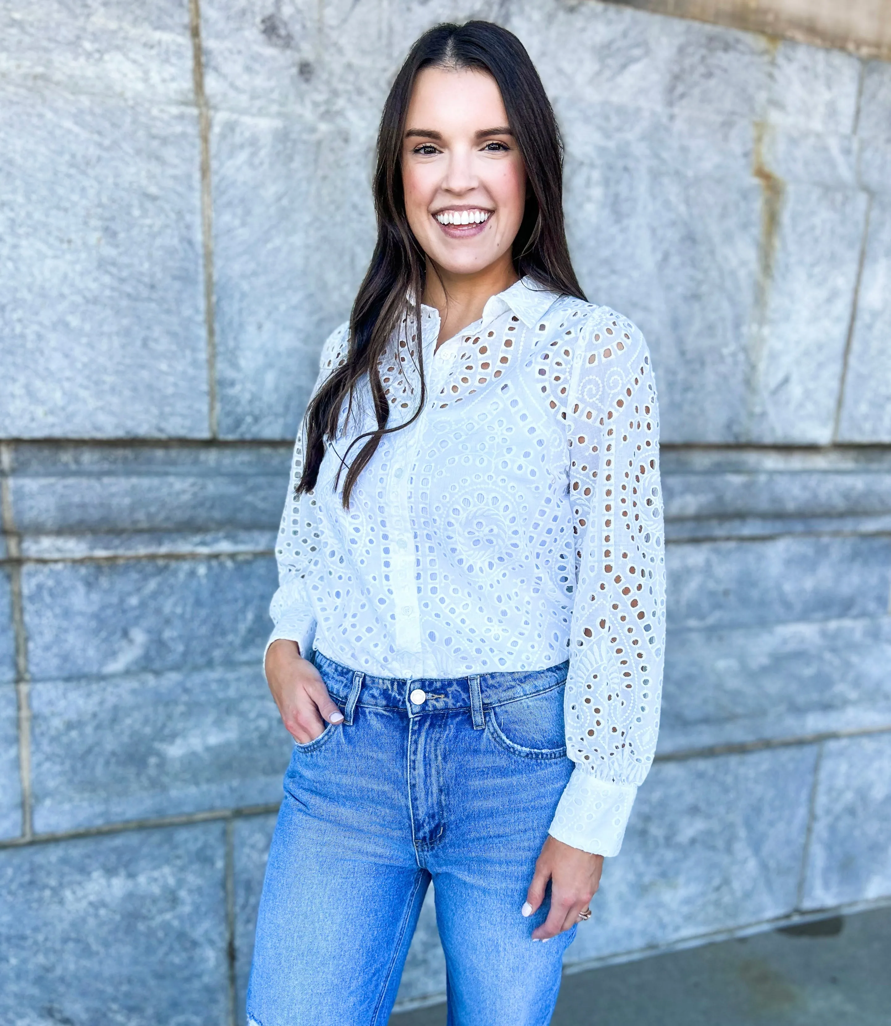 Tula Eyelet Lace Long Sleeve Top (White)