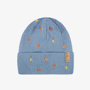 Tuque bleue en tricot avec broderies fruitées, enfant || Blue knit beanie with fruity embroidery, child