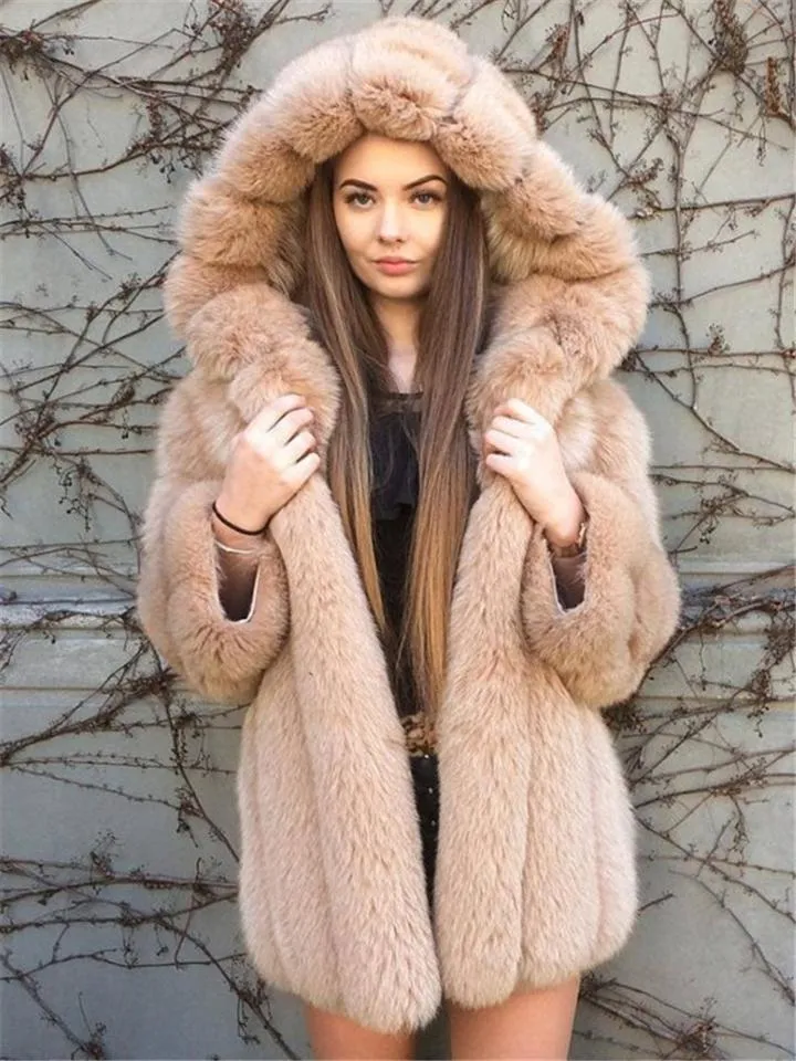 Ultra Cozy Warm Faux Fur Midi Length Hooded Coat