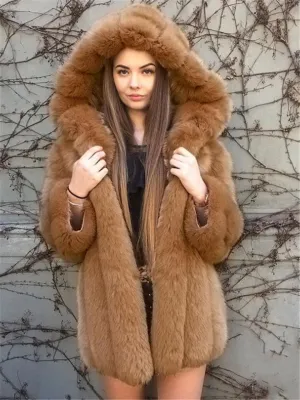Ultra Cozy Warm Faux Fur Midi Length Hooded Coat