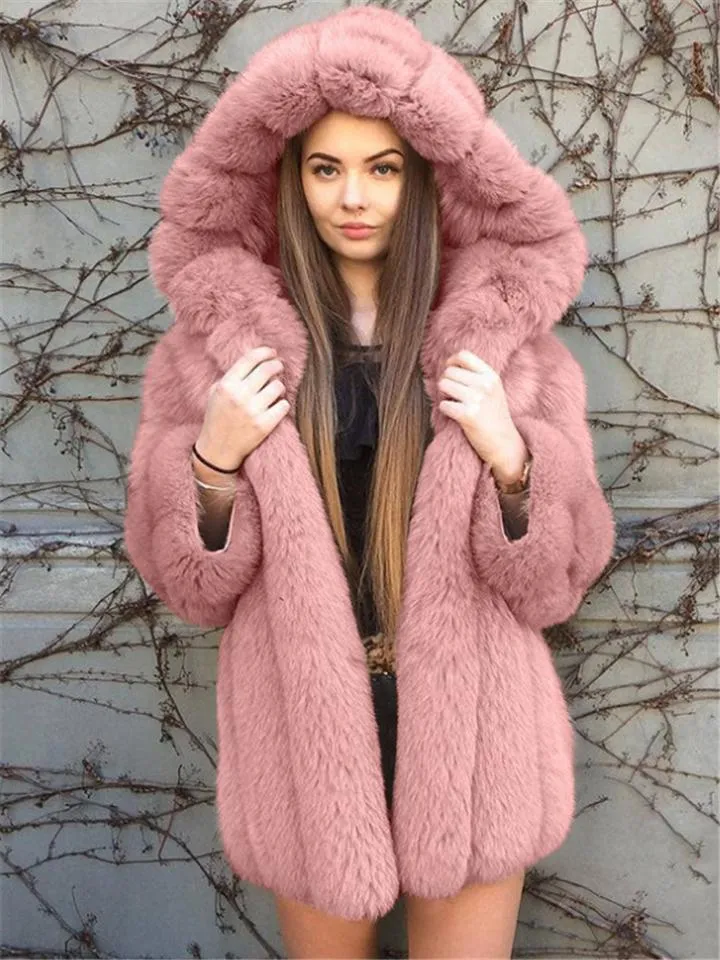Ultra Cozy Warm Faux Fur Midi Length Hooded Coat