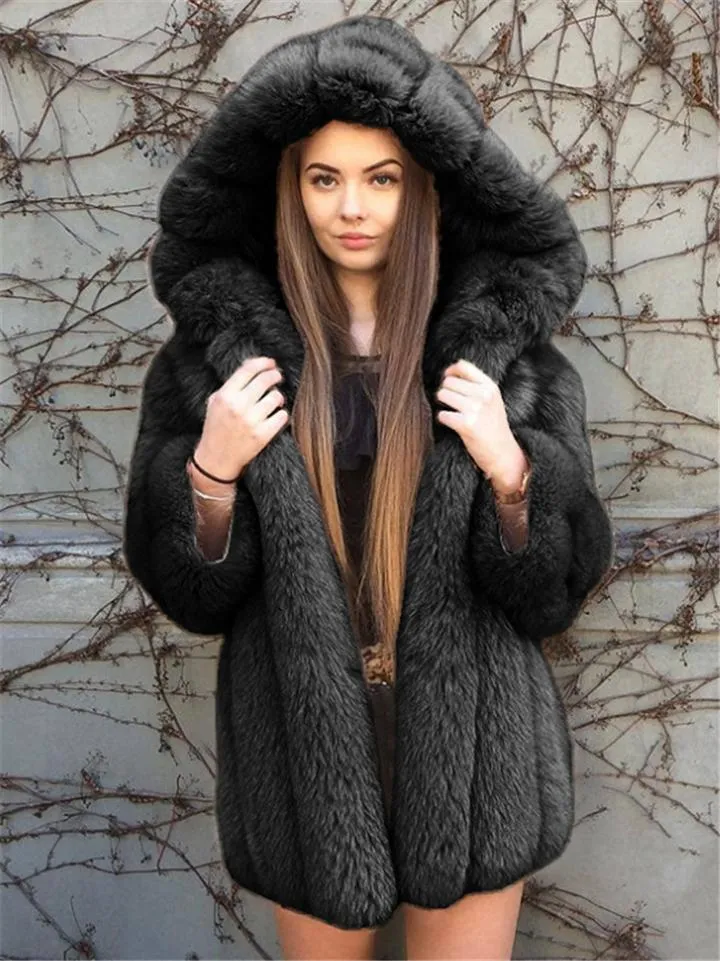 Ultra Cozy Warm Faux Fur Midi Length Hooded Coat