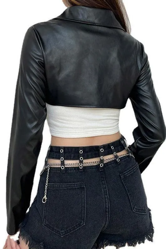Ultra Short motorcycle style PU leather jacket