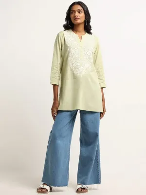 Utsa Green Floral Linen Chikankari Kurti