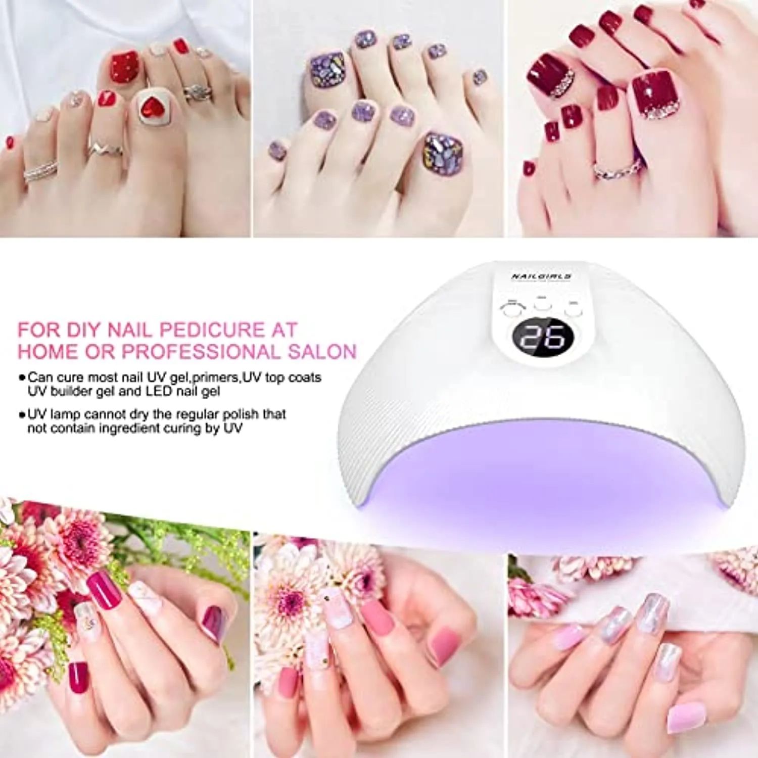 UV LED Nail Lamp, NAILGIRLS 75W UV Light for Nails Professional Nail Dryer for Gel Nail Polish Curing Lamp with 3 Timers Auto Sensor