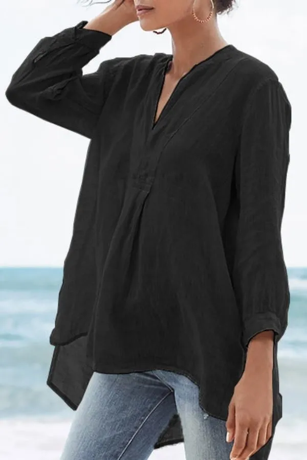 V Neck Solid Color Blouse