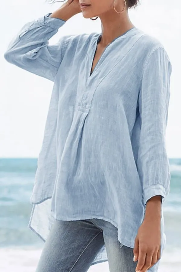 V Neck Solid Color Blouse