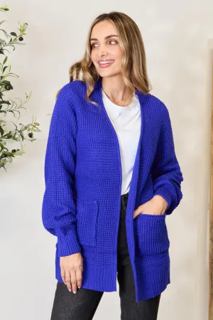 Waffle-Knit Open Front Cardigan Royal Blue