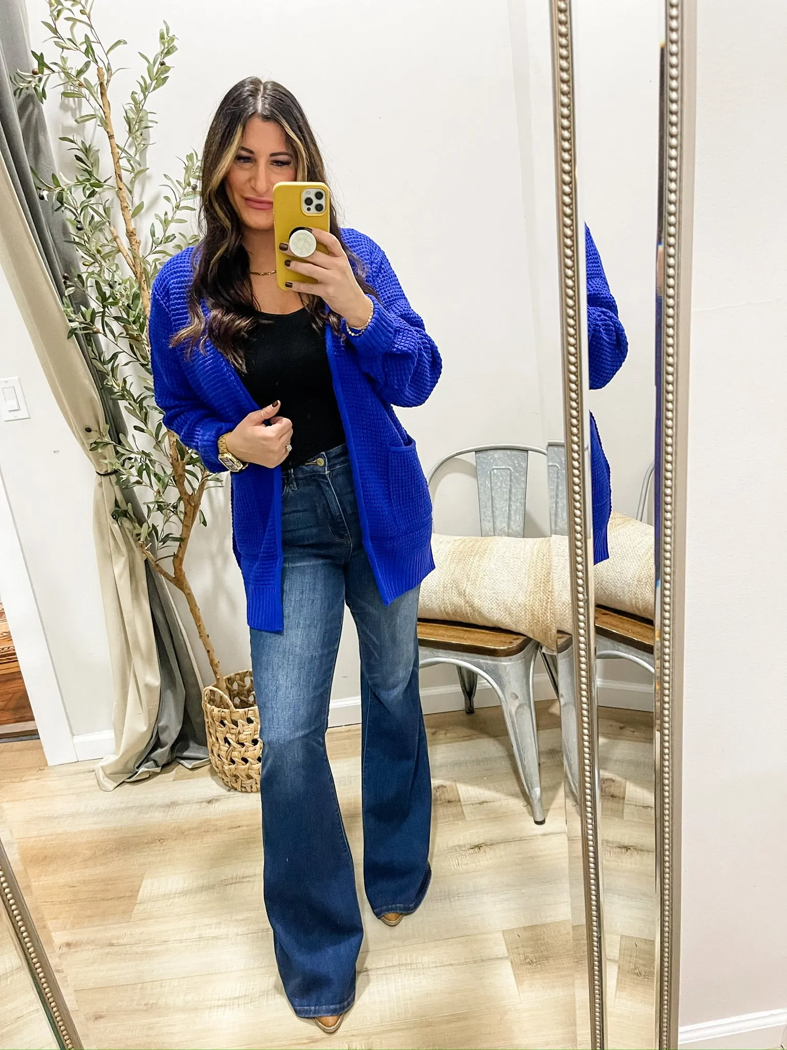 Waffle-Knit Open Front Cardigan Royal Blue