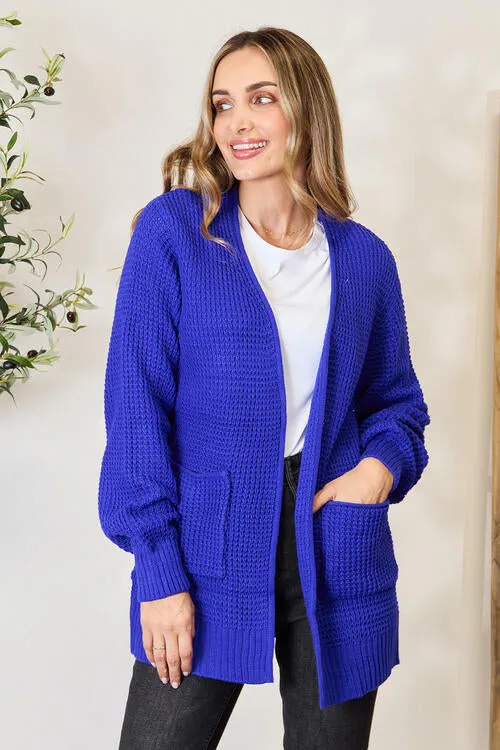 Waffle-Knit Open Front Cardigan Royal Blue