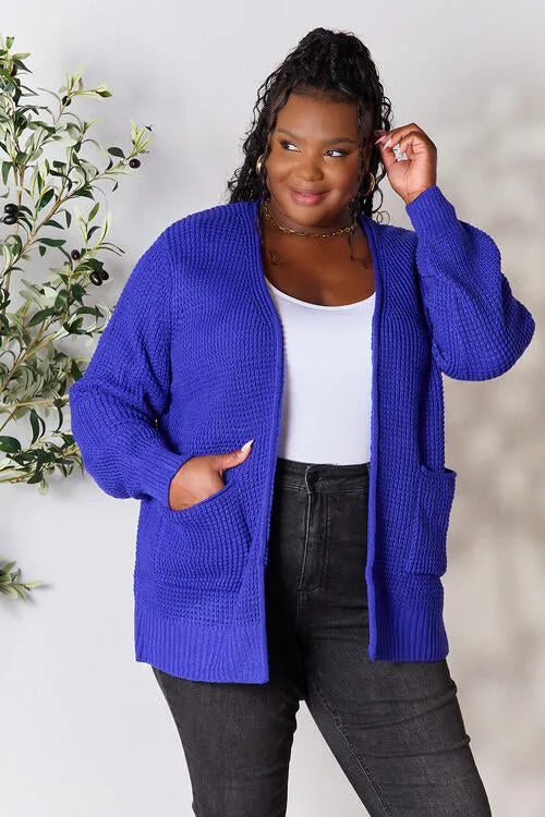 Waffle-Knit Open Front Cardigan Royal Blue