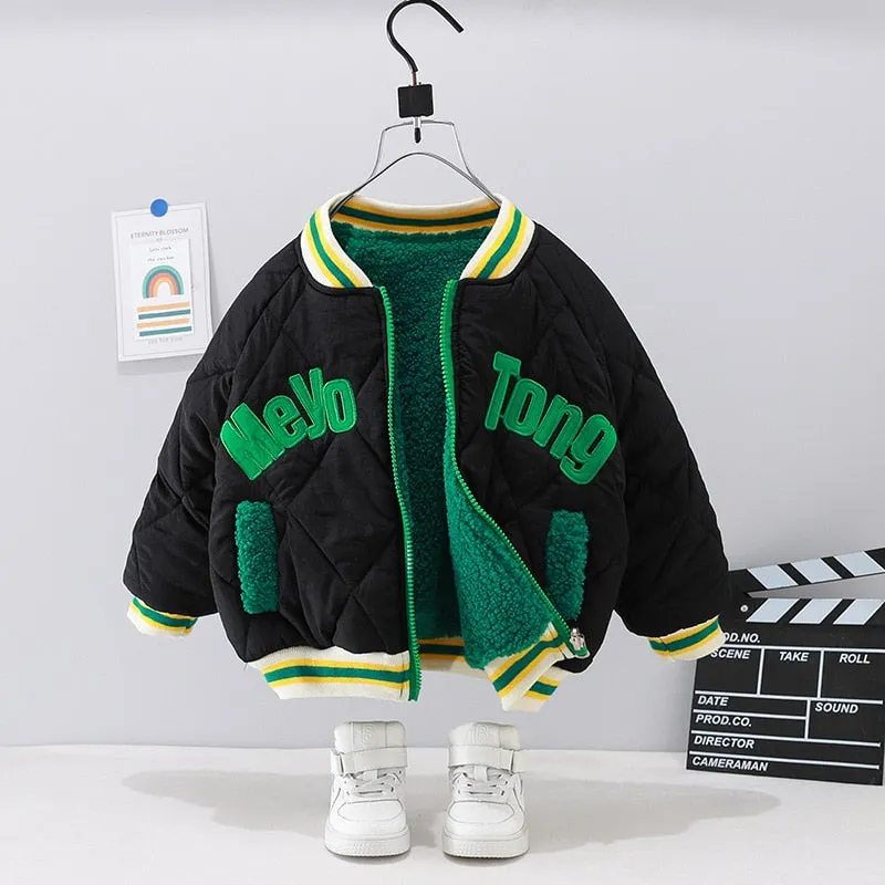 Warm Soft Children's Thick Baseball Jacket with Eco Fur Lining - Green, Beige