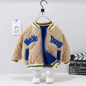 Warm Soft Children's Thick Baseball Jacket with Eco Fur Lining - Green, Beige