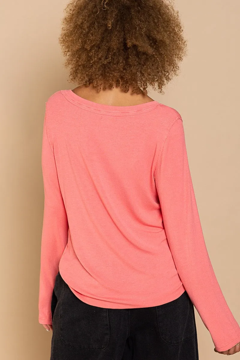 Watermelon Pink Button Placket Long Sleeve POL Top 11/17/24 9309