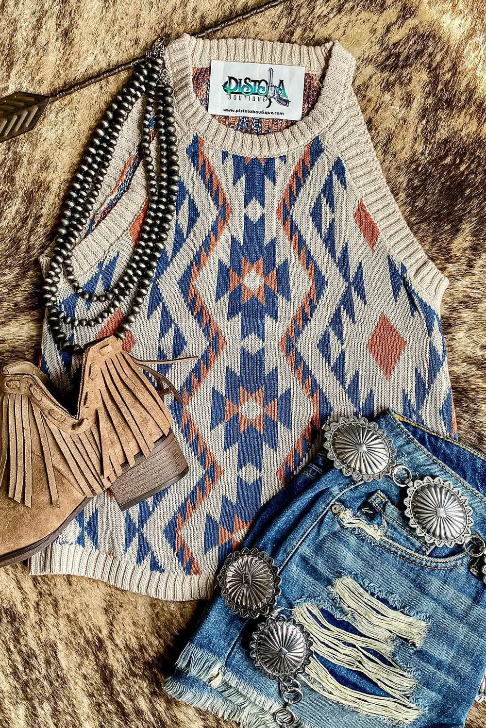 White Aztec Geometric Print Knitted Tank Top