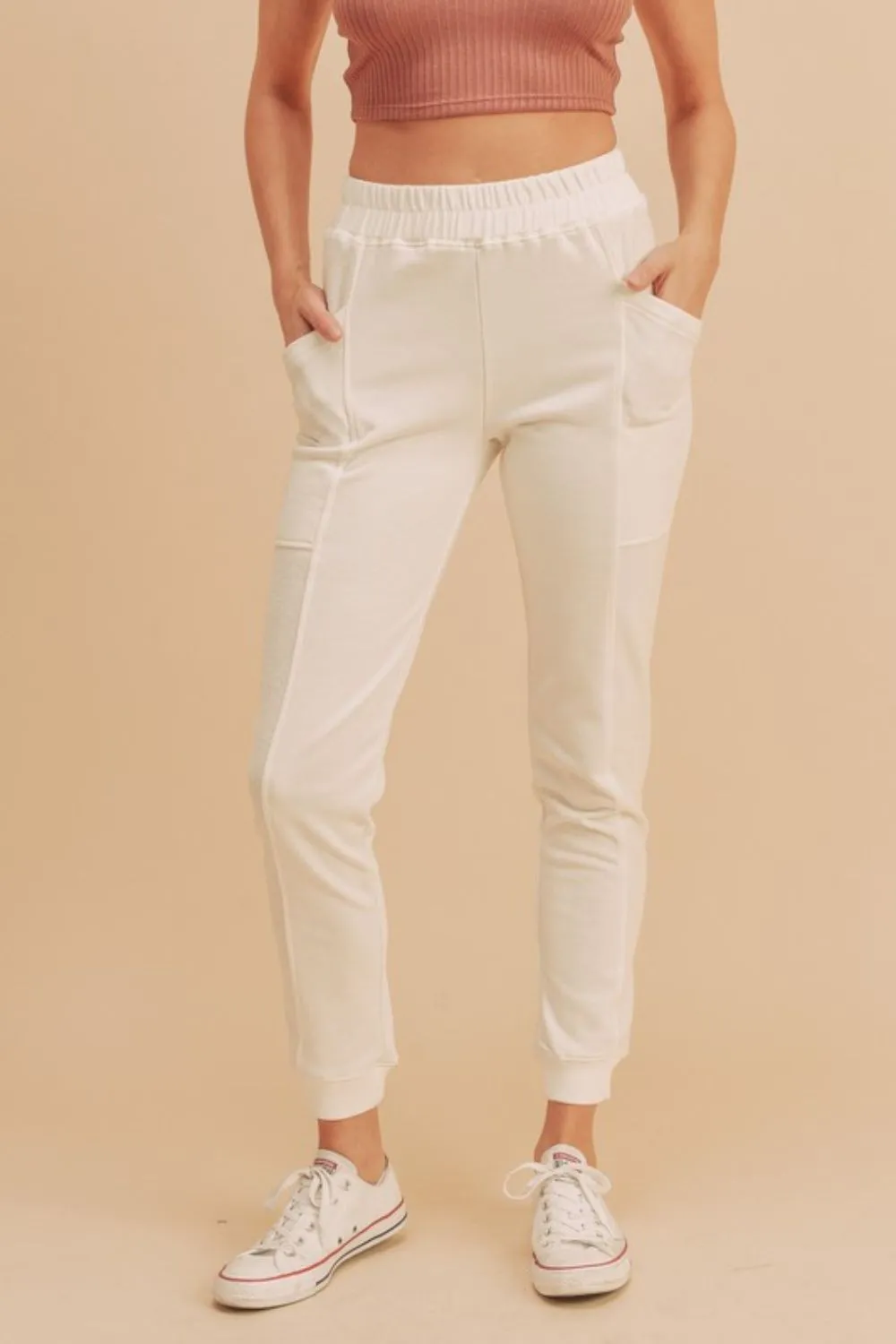 White Elastic Waist Joggers with Pockets