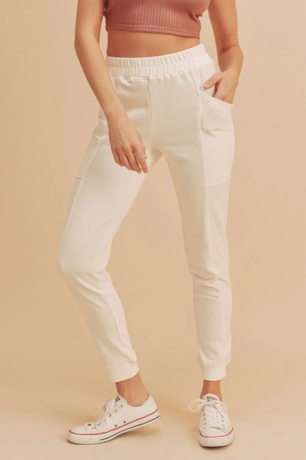 White Elastic Waist Joggers with Pockets