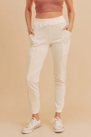White Elastic Waist Joggers with Pockets